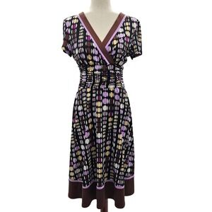 Women's Geometric Print V Neck Short‎ Sleeve Ruched Waist Midi Dress